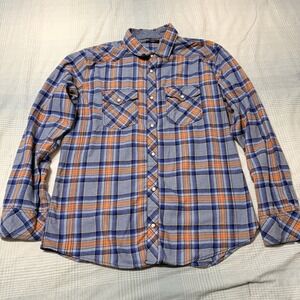 BKE Standard Fit Pearl Snap Flannel Shirt Men's Large Blue Orange Plaid